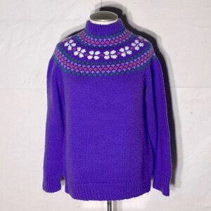 Vintage Hand Knit Purple Fair Isle Mock Neck Sweater M Cottagecore Grannycore
